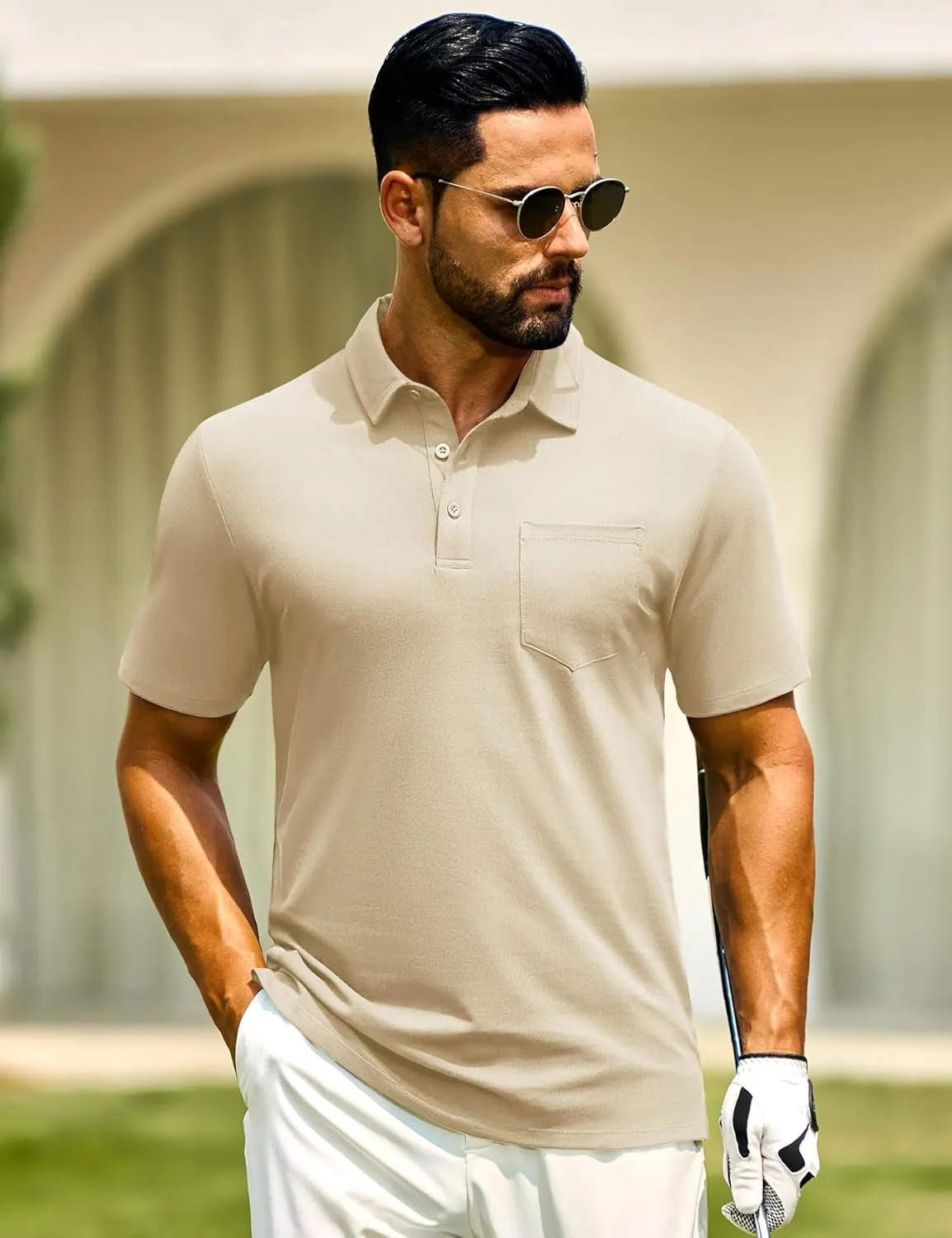 Cotrasen Men's Polo Shirts Short Sleeve Cotton Pique Classic Fit Casual Pocket T-Shirt Colling Performance Golf Shirts