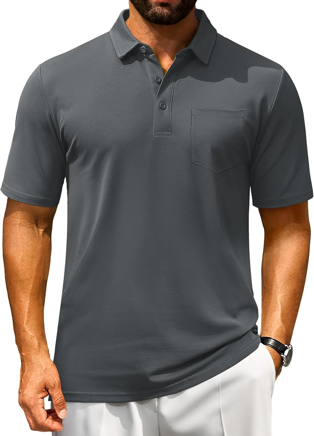 Cotrasen Men's Polo Shirts Short Sleeve Cotton Pique Classic Fit Casual Pocket T-Shirt Colling Performance Golf Shirts