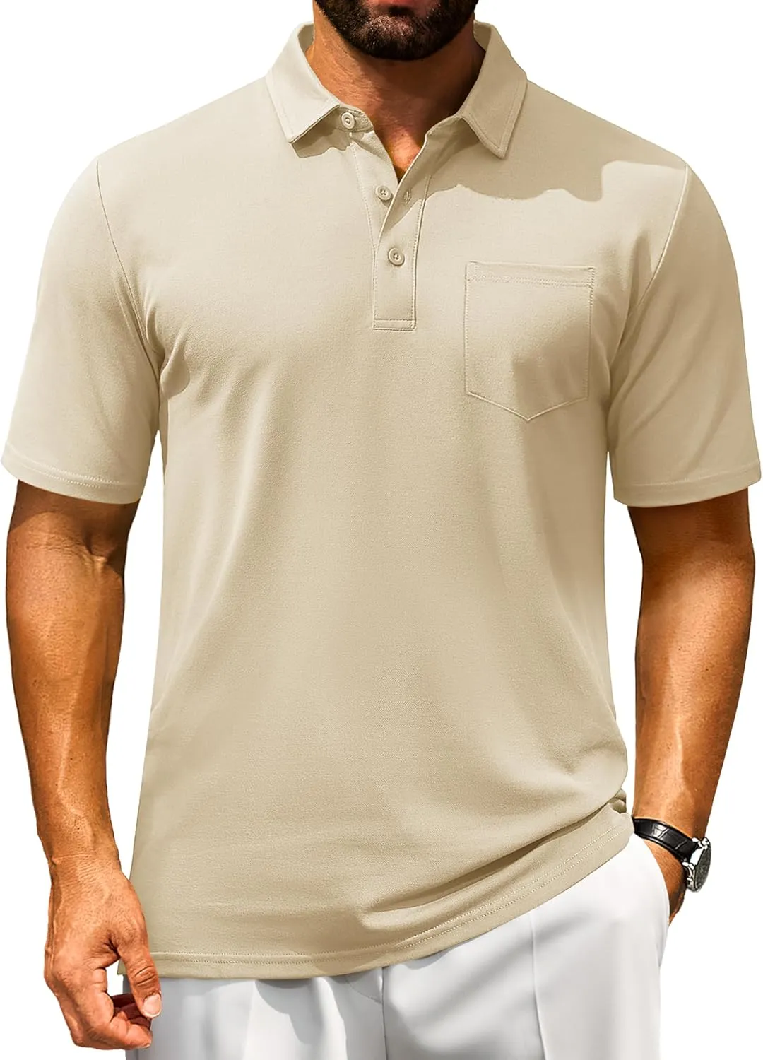 Cotrasen Men's Polo Shirts Short Sleeve Cotton Pique Classic Fit Casual Pocket T-Shirt Colling Performance Golf Shirts