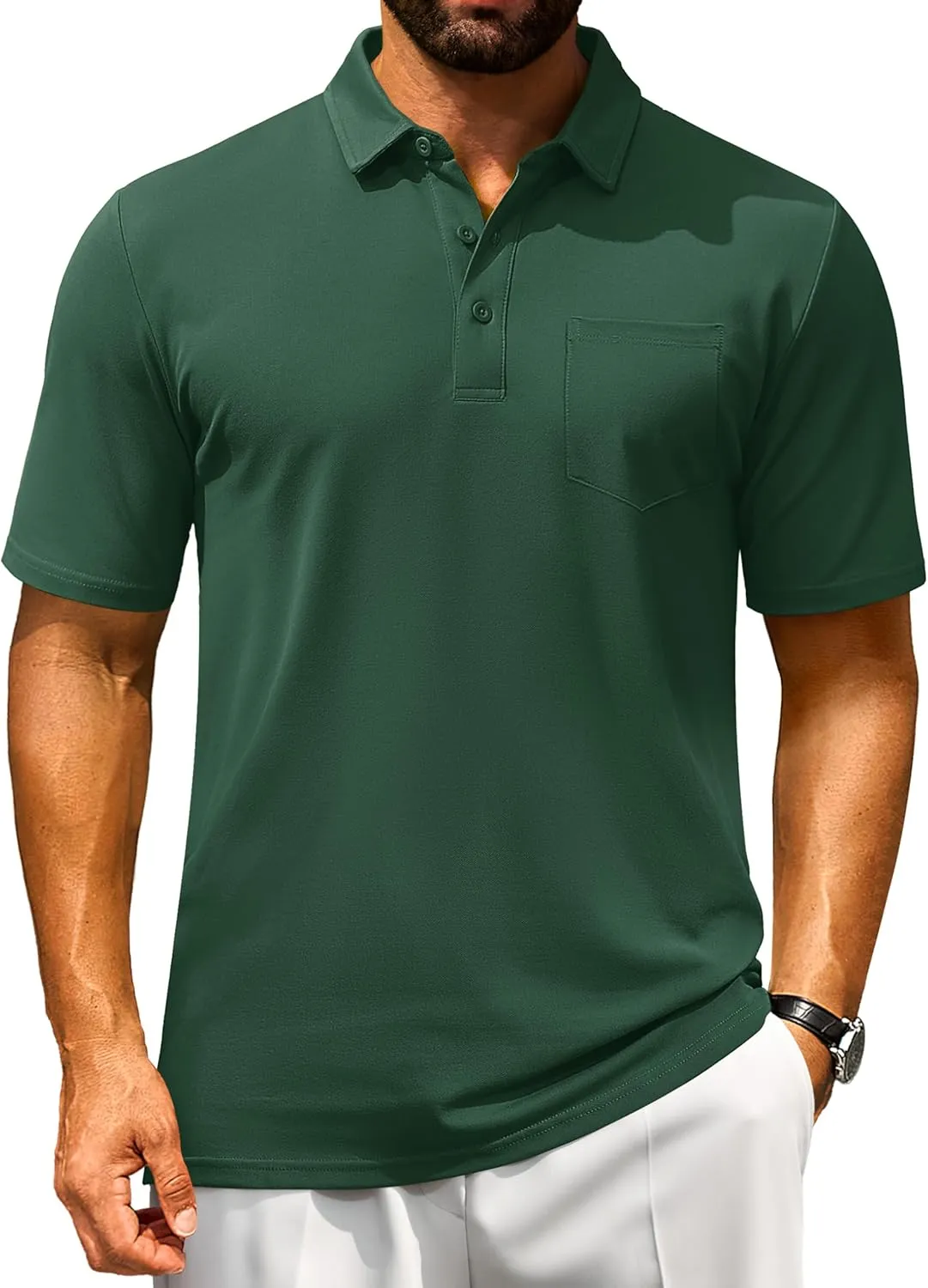 Cotrasen Men's Polo Shirts Short Sleeve Cotton Pique Classic Fit Casual Pocket T-Shirt Colling Performance Golf Shirts