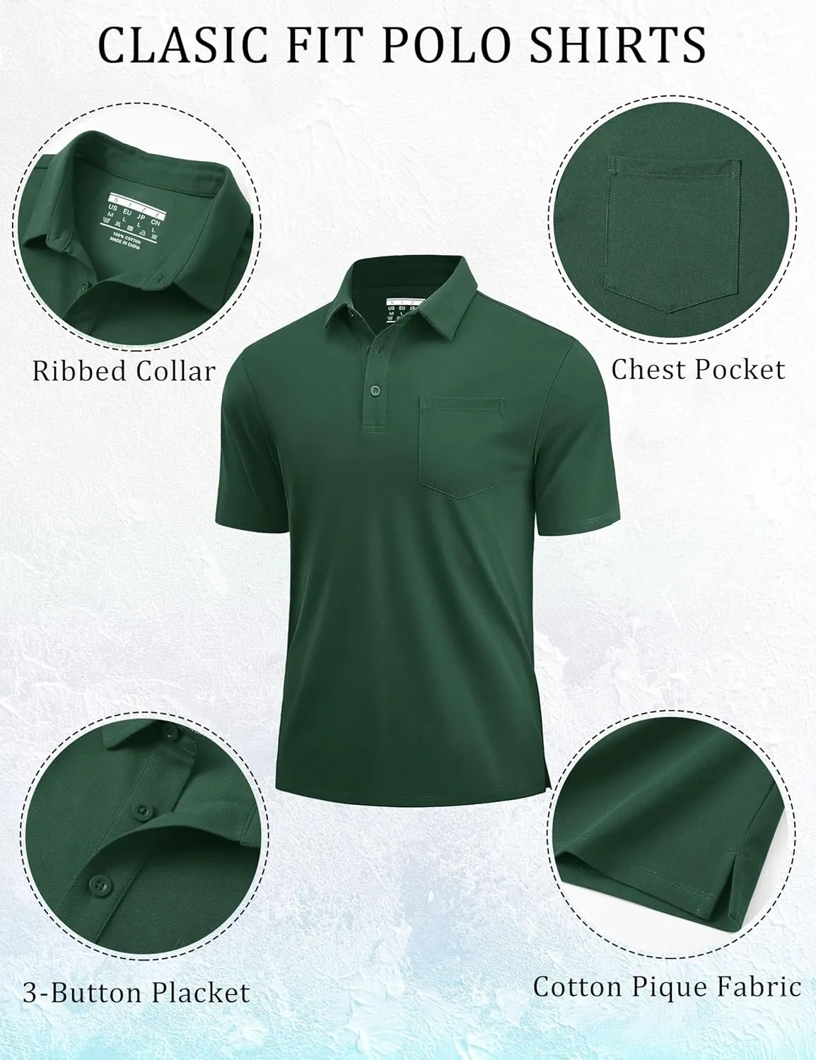 Cotrasen Men's Polo Shirts Short Sleeve Cotton Pique Classic Fit Casual Pocket T-Shirt Colling Performance Golf Shirts