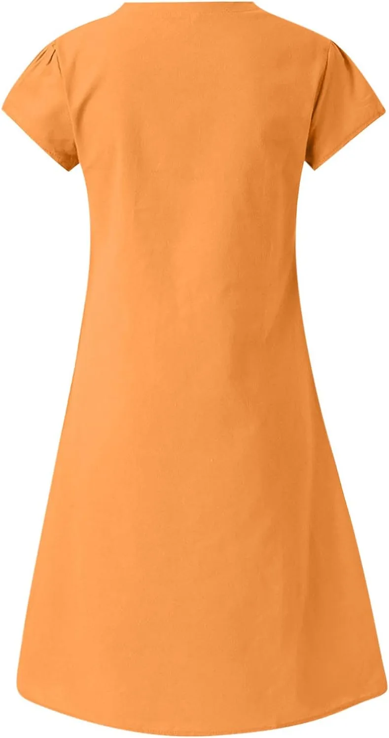 Cotton Linen Dress for Women 2025 Casual Short Sleeve Knee Length Dresses Summer Vacation Fashion Sundresses