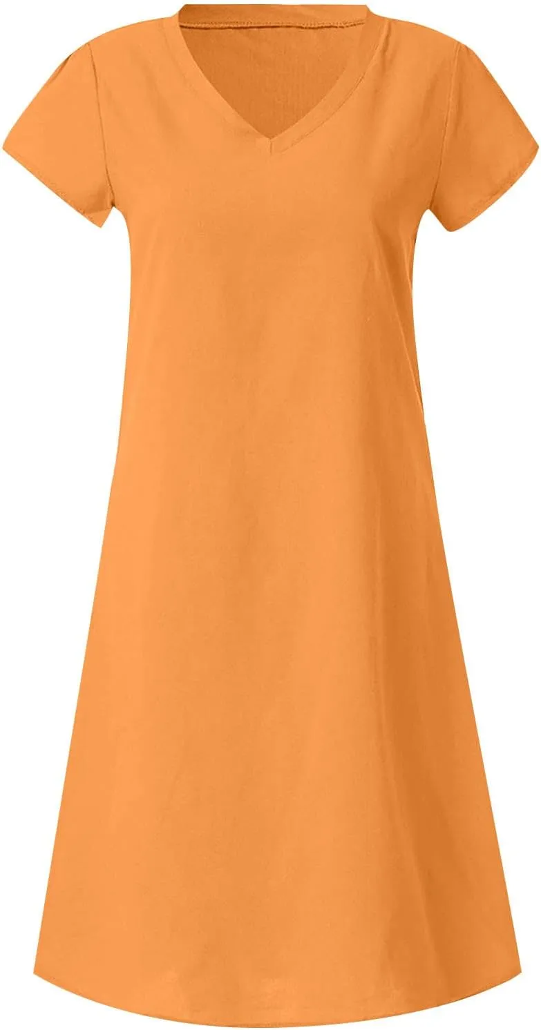 Cotton Linen Dress for Women 2025 Casual Short Sleeve Knee Length Dresses Summer Vacation Fashion Sundresses