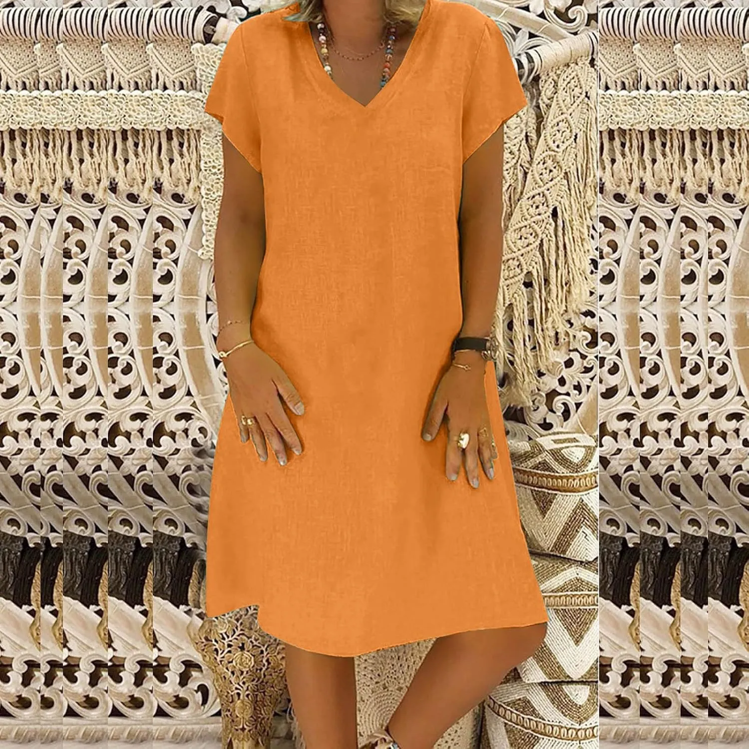 Cotton Linen Dress for Women 2025 Casual Short Sleeve Knee Length Dresses Summer Vacation Fashion Sundresses