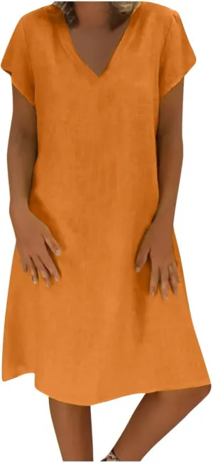 Cotton Linen Dress for Women 2025 Casual Short Sleeve Knee Length Dresses Summer Vacation Fashion Sundresses