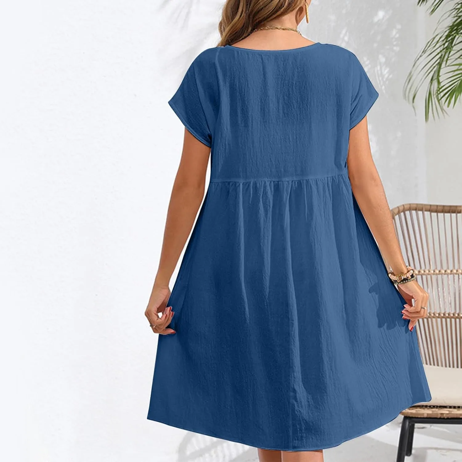 Cotton Linen Dresses for Women 2025 Casual Round Neck Sundress Loose Fit Short Sleeve Vacation Summer Dress