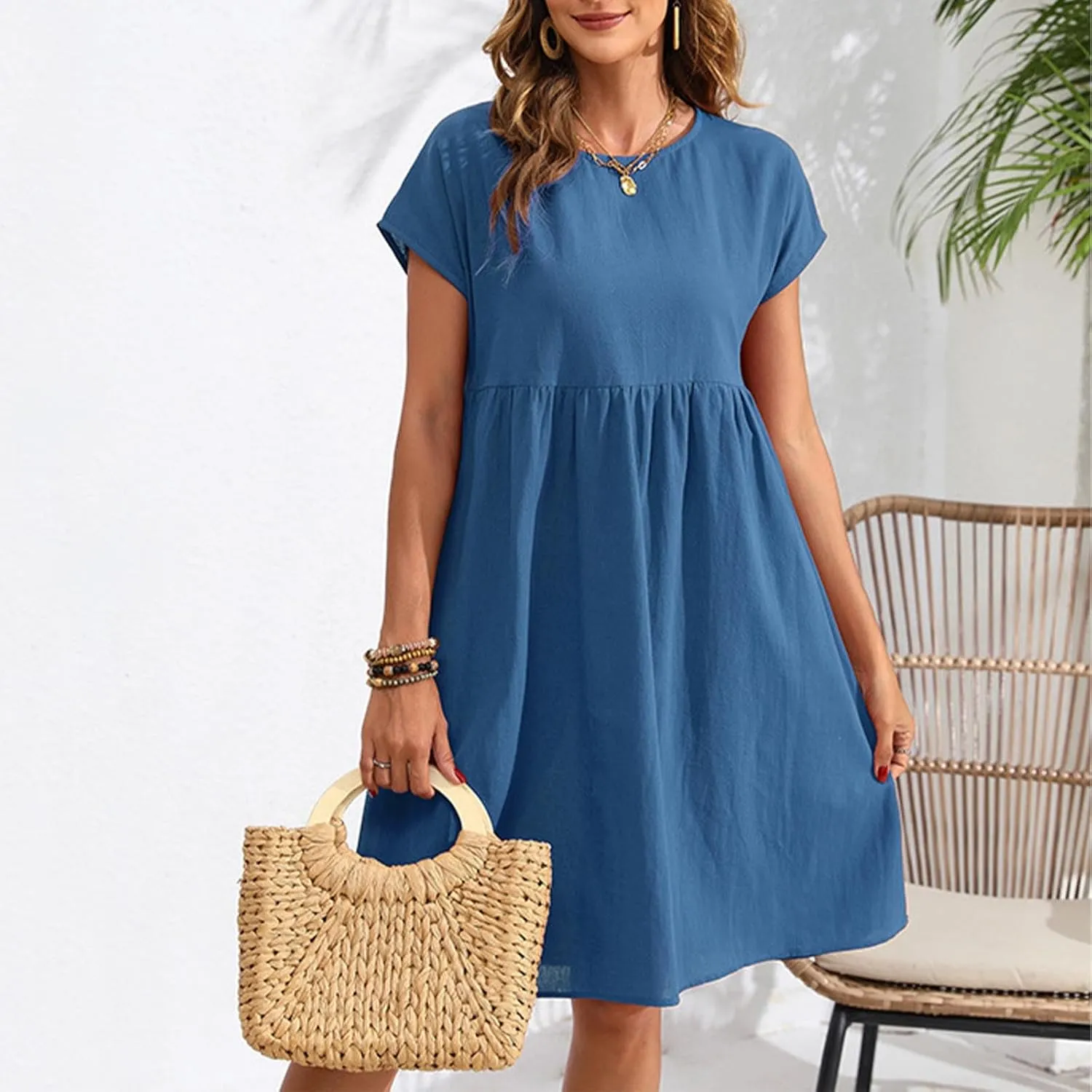 Cotton Linen Dresses for Women 2025 Casual Round Neck Sundress Loose Fit Short Sleeve Vacation Summer Dress