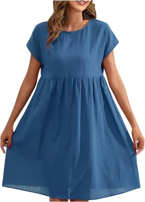 Cotton Linen Dresses for Women 2025 Casual Round Neck Sundress Loose Fit Short Sleeve Vacation Summer Dress