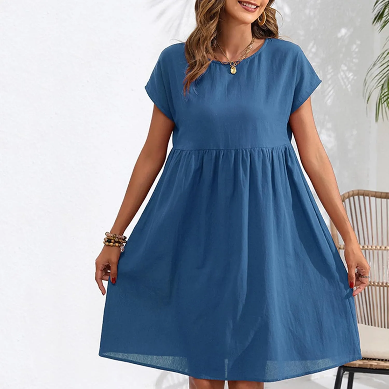 Cotton Linen Dresses for Women 2025 Casual Round Neck Sundress Loose Fit Short Sleeve Vacation Summer Dress