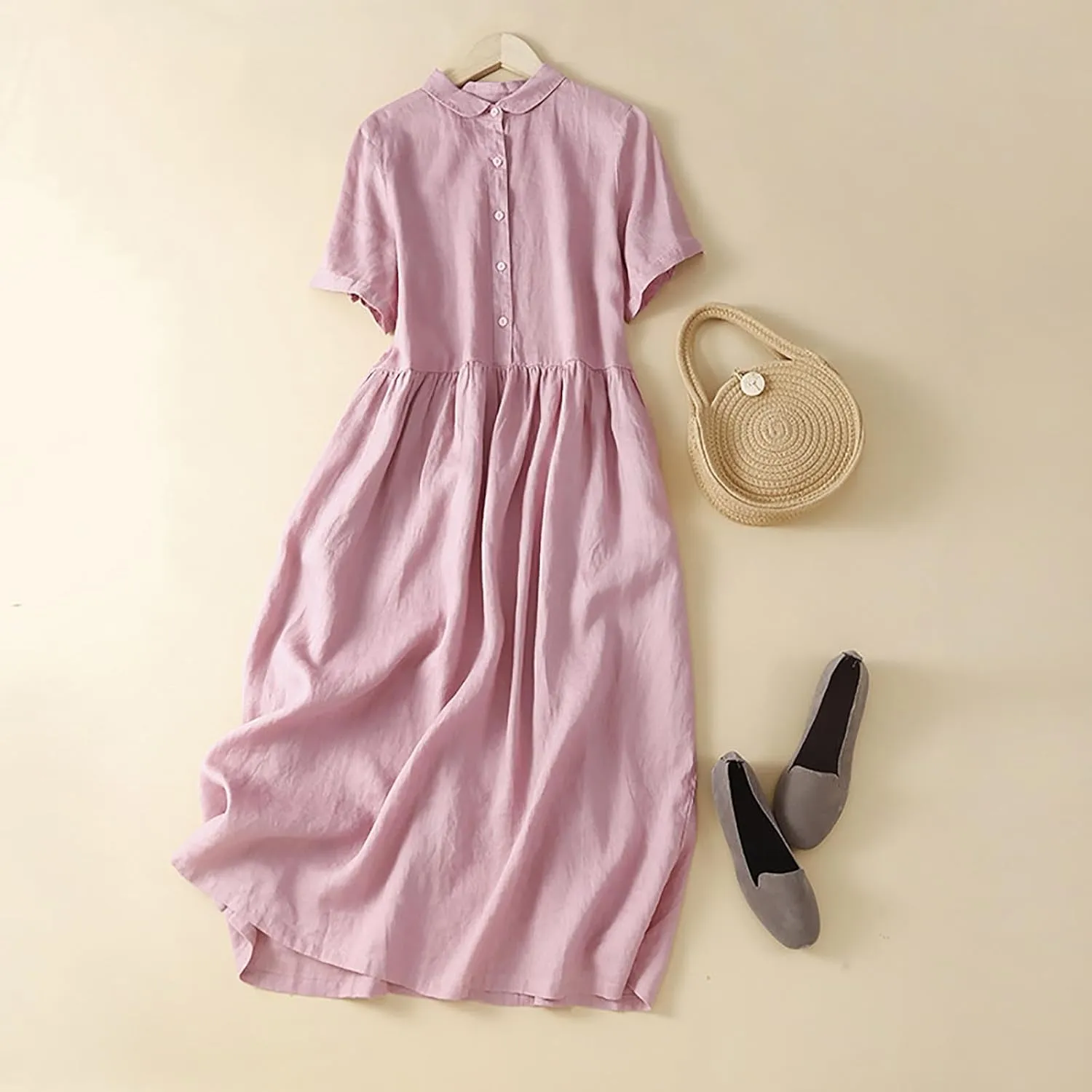 Cotton Linen Dresses for Women Casual Short Sleeve Collared Maxi Dress Spring Vacation Fashion Elegantes Dresses