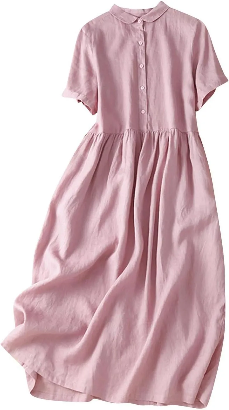 Cotton Linen Dresses for Women Casual Short Sleeve Collared Maxi Dress Spring Vacation Fashion Elegantes Dresses