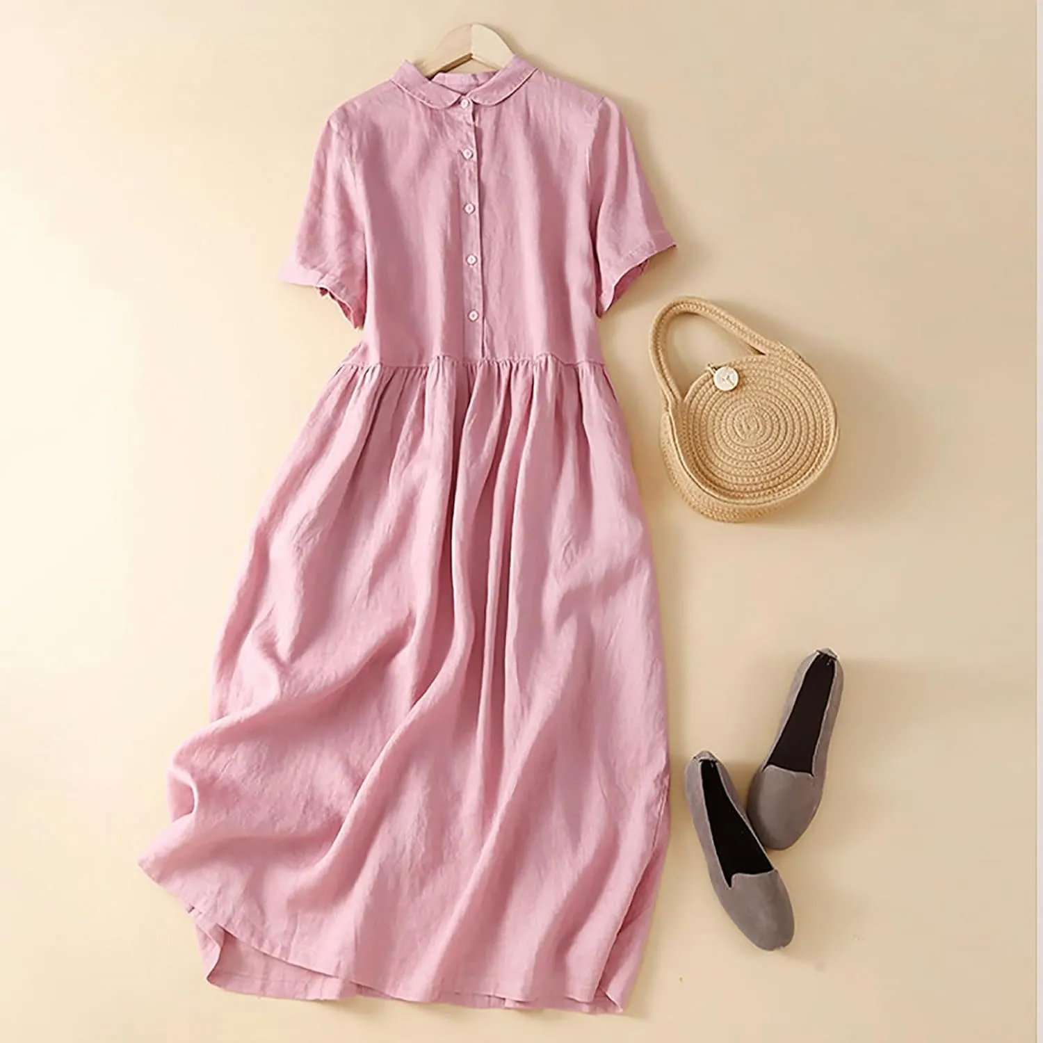 Cotton Linen Dresses for Women Casual Short Sleeve Collared Maxi Dress Spring Vacation Fashion Elegantes Dresses