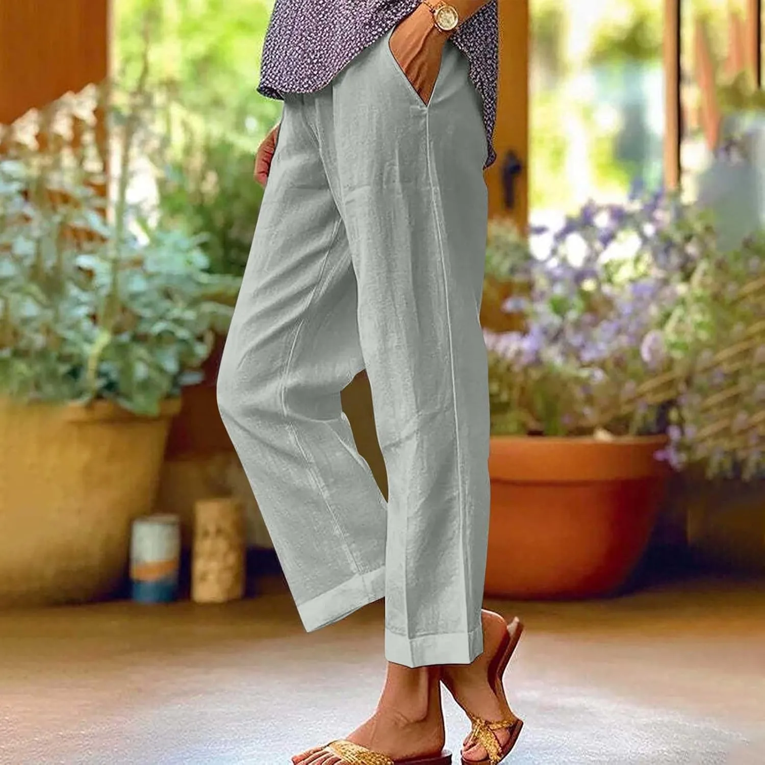 Cotton Linen Pants for Women Straight Leg Elastic Waist Pants Loose Fit Casual Trousers Plus Size Slack 2025 Fashion