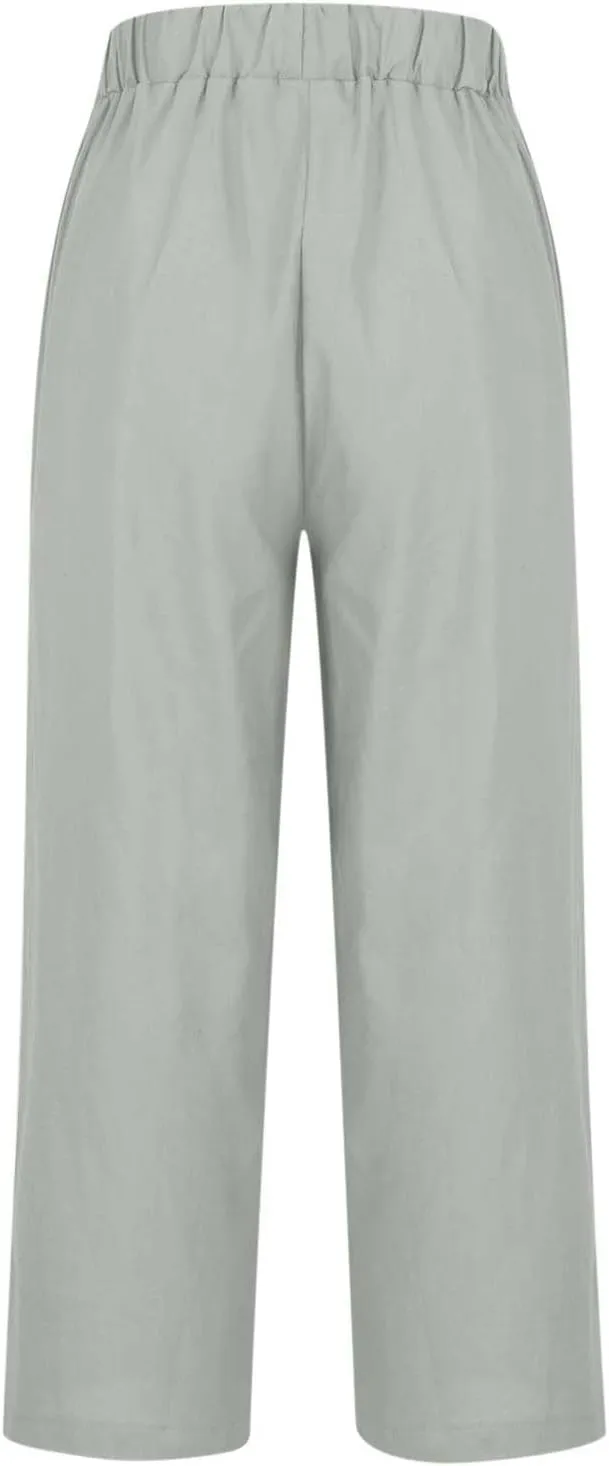 Cotton Linen Pants for Women Straight Leg Elastic Waist Pants Loose Fit Casual Trousers Plus Size Slack 2025 Fashion