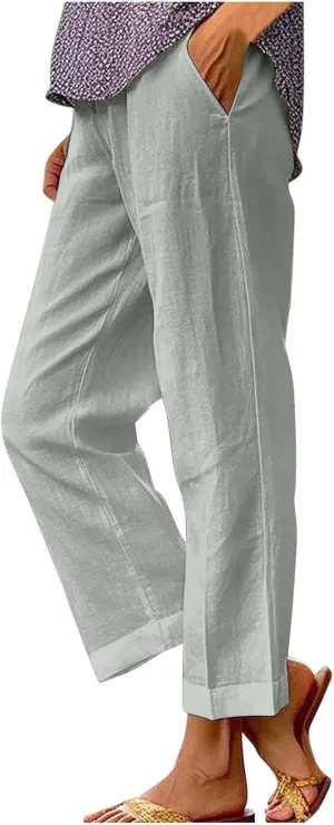 Cotton Linen Pants for Women Straight Leg Elastic Waist Pants Loose Fit Casual Trousers Plus Size Slack 2025 Fashion