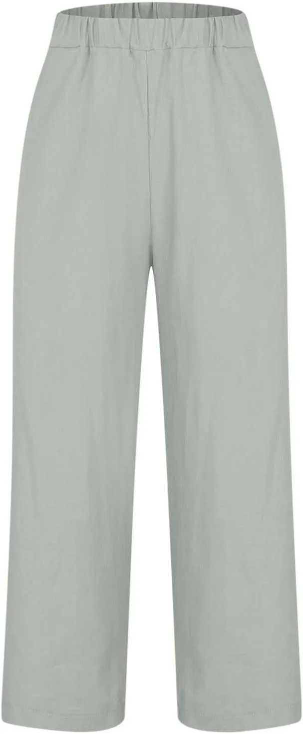 Cotton Linen Pants for Women Straight Leg Elastic Waist Pants Loose Fit Casual Trousers Plus Size Slack 2025 Fashion