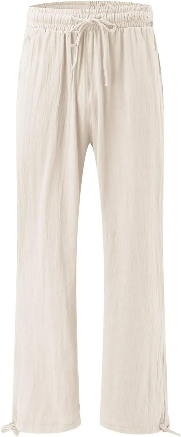 Cotton Linen Pants Women Drawstring High Waisted Flowy Wide Leg Pants Loose Fit Palazzo Beach Trousers with Pockets