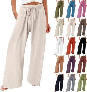 Cotton Linen Pants Women Drawstring High Waisted Flowy Wide Leg Pants Loose Fit Palazzo Beach Trousers with Pockets