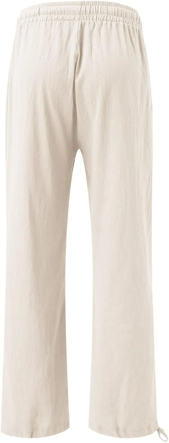 Cotton Linen Pants Women Drawstring High Waisted Flowy Wide Leg Pants Loose Fit Palazzo Beach Trousers with Pockets