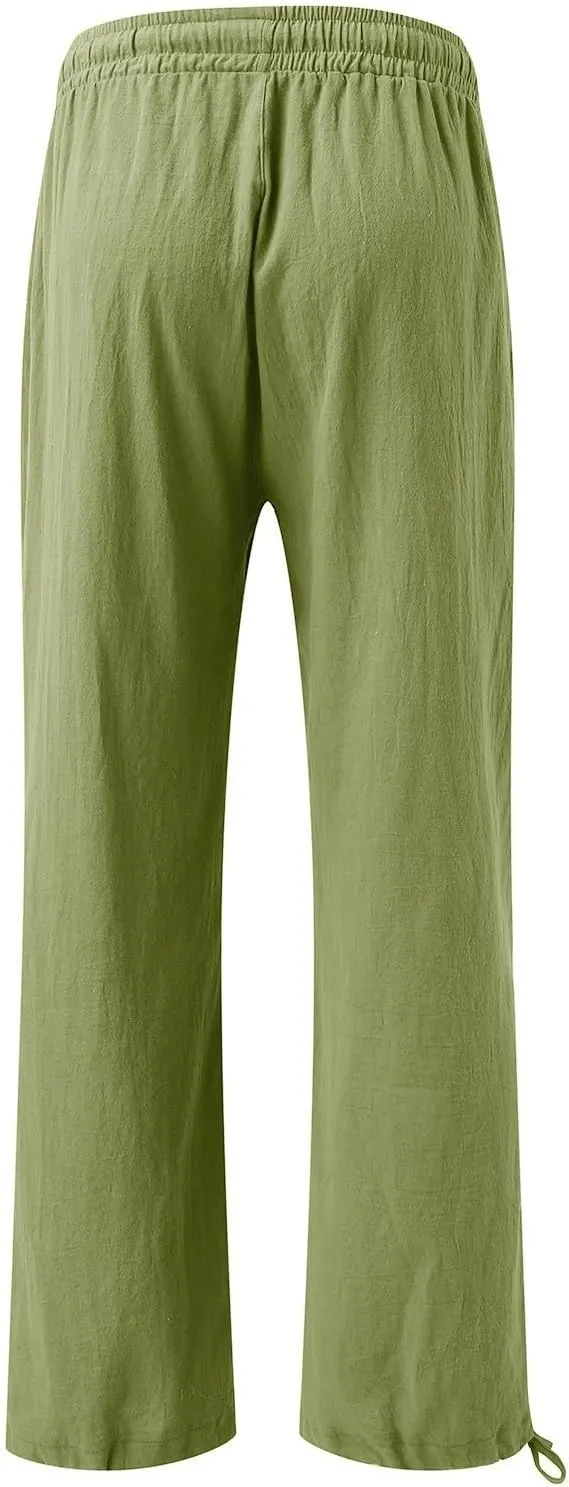 Cotton Linen Pants Women Drawstring High Waisted Flowy Wide Leg Pants Loose Fit Palazzo Beach Trousers with Pockets
