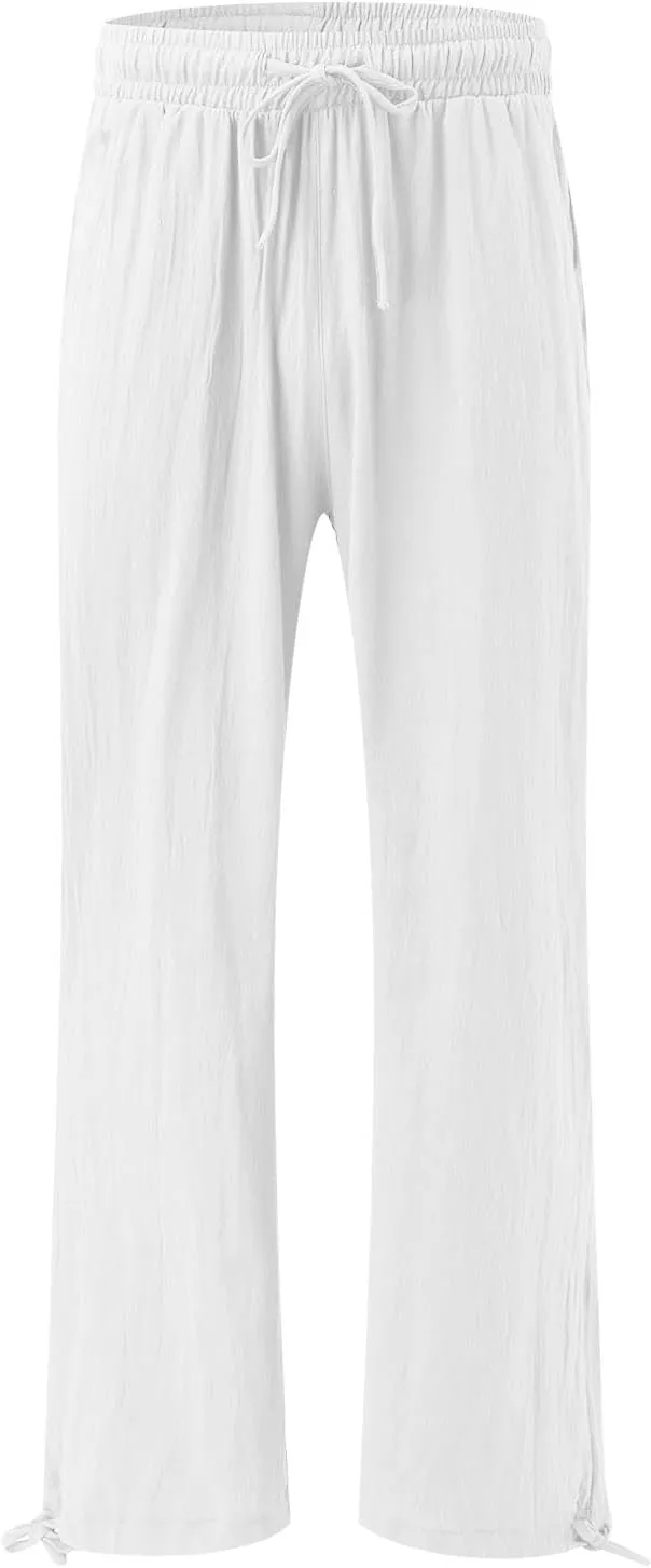 Cotton Linen Pants Women Drawstring High Waisted Flowy Wide Leg Pants Loose Fit Palazzo Beach Trousers with Pockets