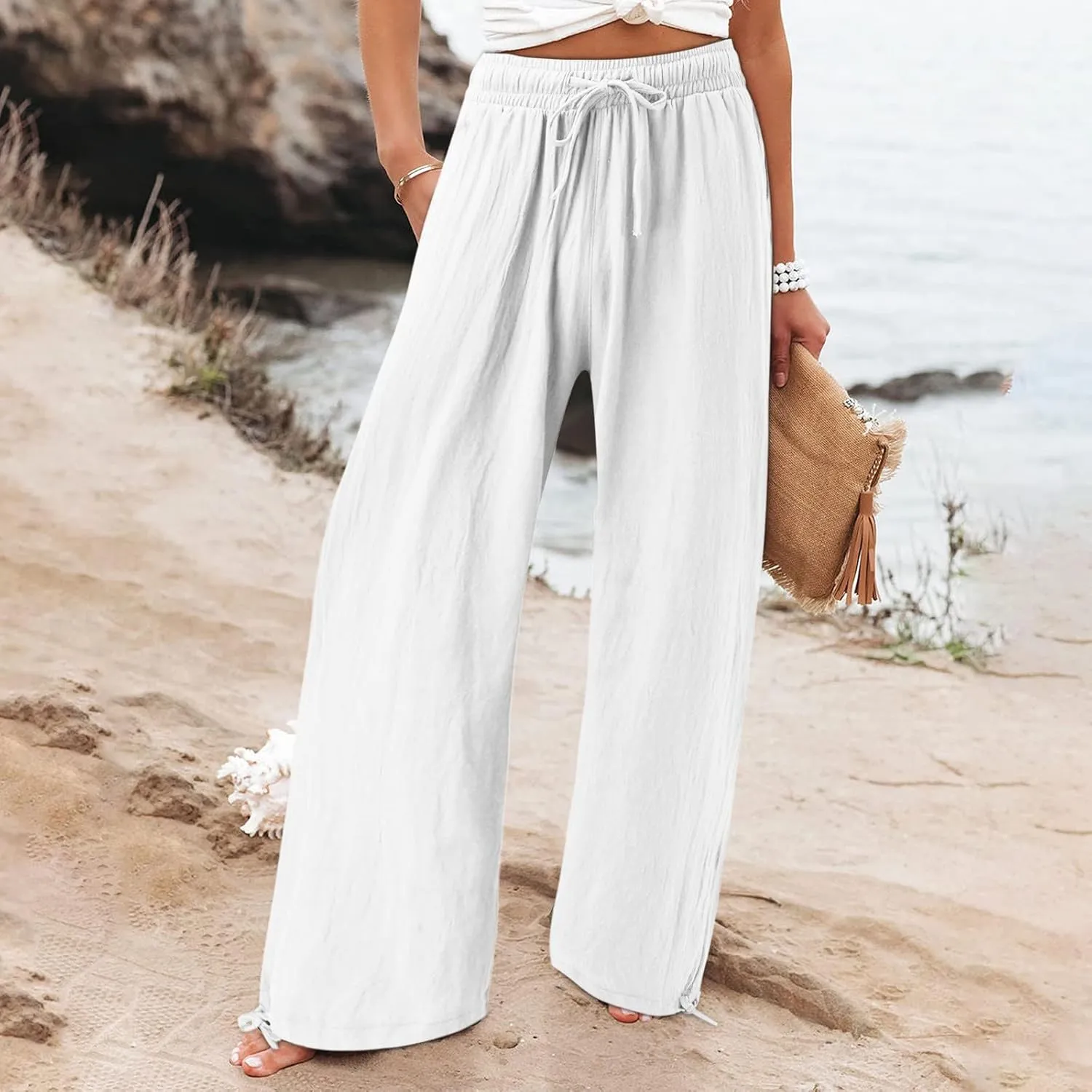 Cotton Linen Pants Women Drawstring High Waisted Flowy Wide Leg Pants Loose Fit Palazzo Beach Trousers with Pockets
