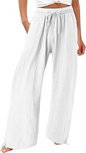 Cotton Linen Pants Women Drawstring High Waisted Flowy Wide Leg Pants Loose Fit Palazzo Beach Trousers with Pockets
