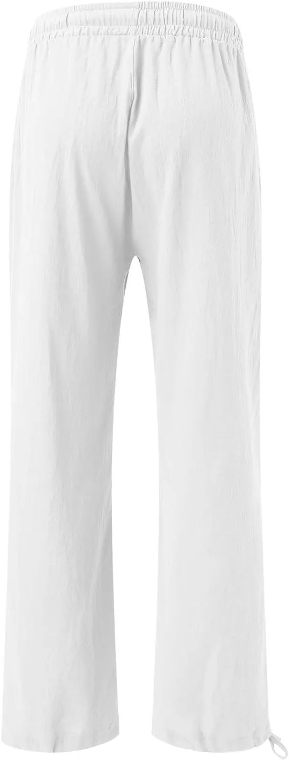 Cotton Linen Pants Women Drawstring High Waisted Flowy Wide Leg Pants Loose Fit Palazzo Beach Trousers with Pockets