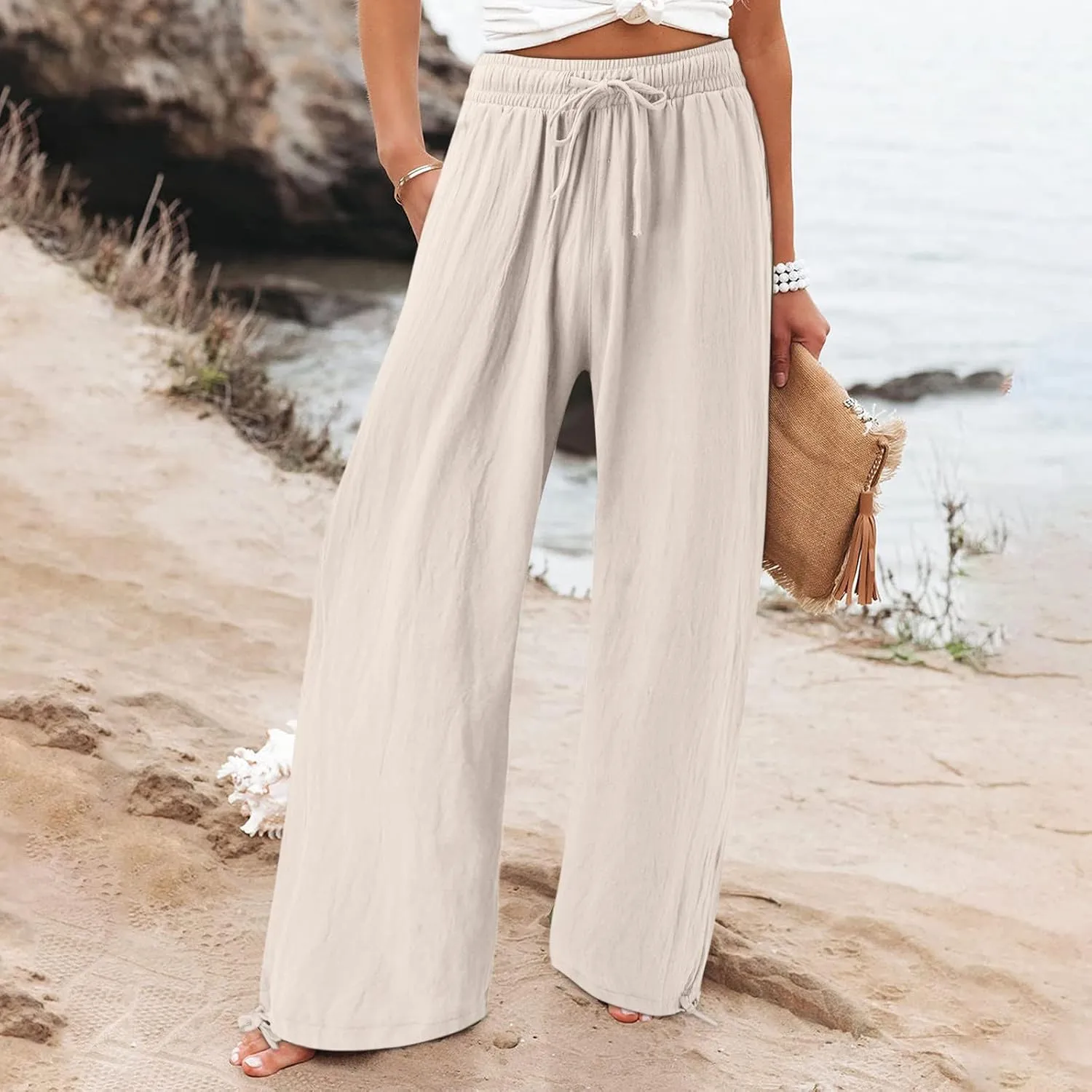 Cotton Linen Pants Women Drawstring High Waisted Flowy Wide Leg Pants Loose Fit Palazzo Beach Trousers with Pockets
