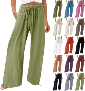 Cotton Linen Pants Women Drawstring High Waisted Flowy Wide Leg Pants Loose Fit Palazzo Beach Trousers with Pockets