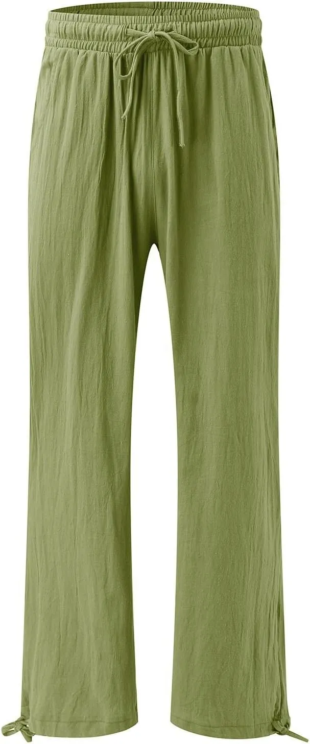 Cotton Linen Pants Women Drawstring High Waisted Flowy Wide Leg Pants Loose Fit Palazzo Beach Trousers with Pockets