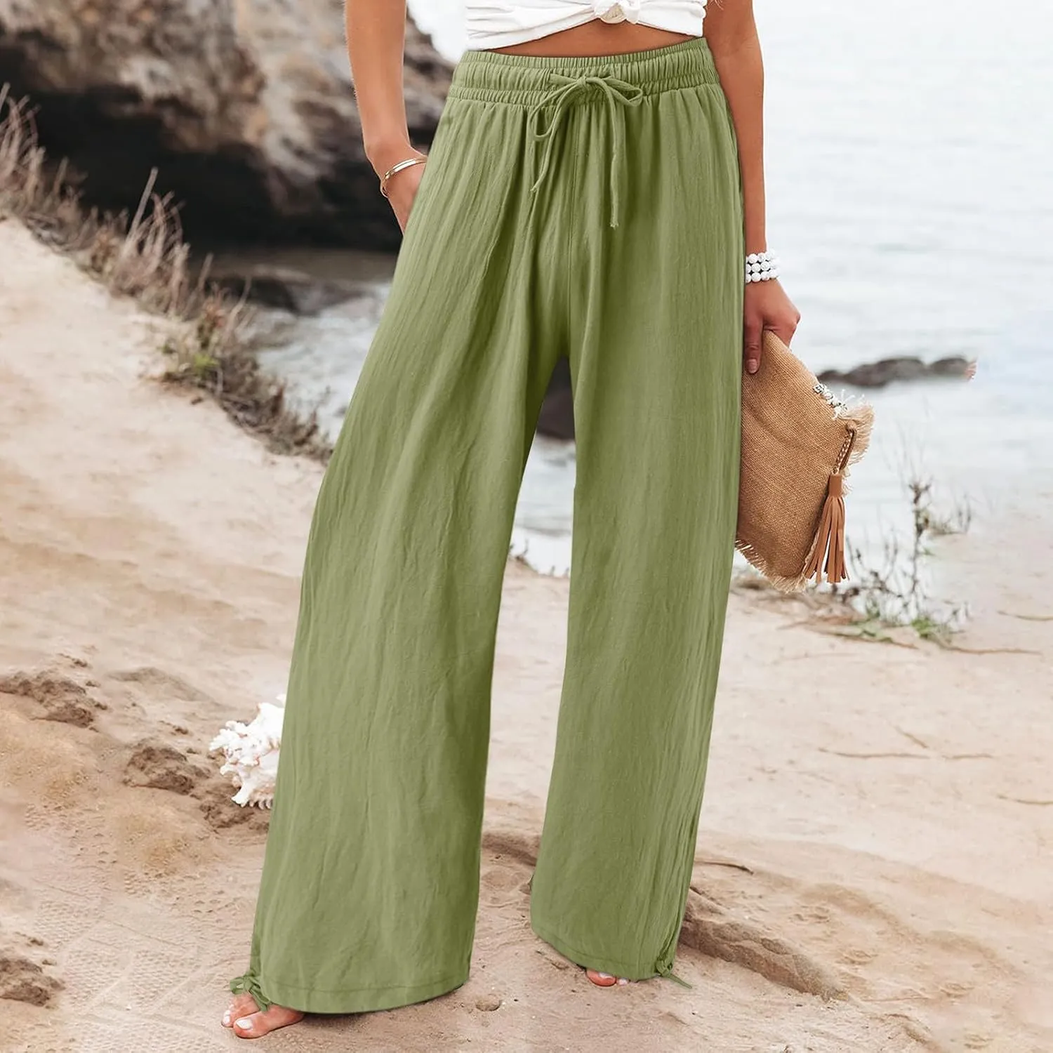 Cotton Linen Pants Women Drawstring High Waisted Flowy Wide Leg Pants Loose Fit Palazzo Beach Trousers with Pockets