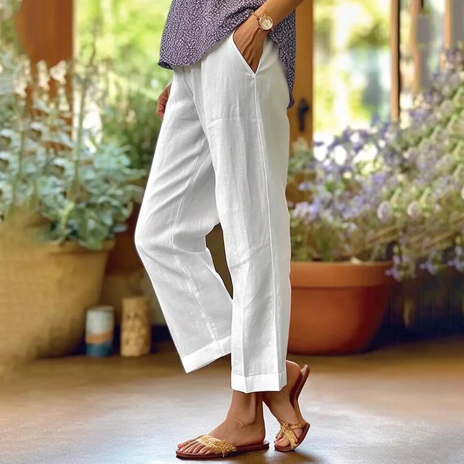 Cotton Linen Pants Women Summer Elastic Waist Straight Leg Plus Size Cropped Pants Casual Beach Trousers with Pockets
