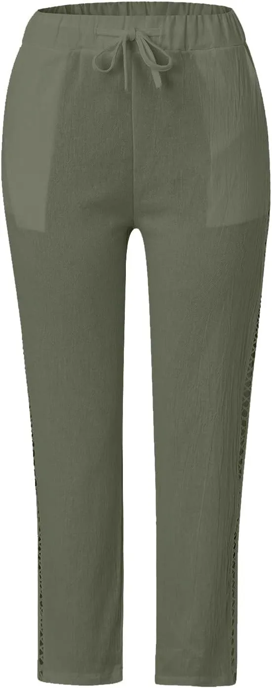 Cotton Linen Pants Women Summer Lightweight Drawstring Straight Leg Pants Casual Hollow Out Beach Trousers with Pocket