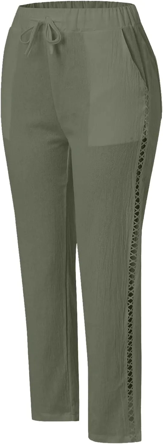 Cotton Linen Pants Women Summer Lightweight Drawstring Straight Leg Pants Casual Hollow Out Beach Trousers with Pocket