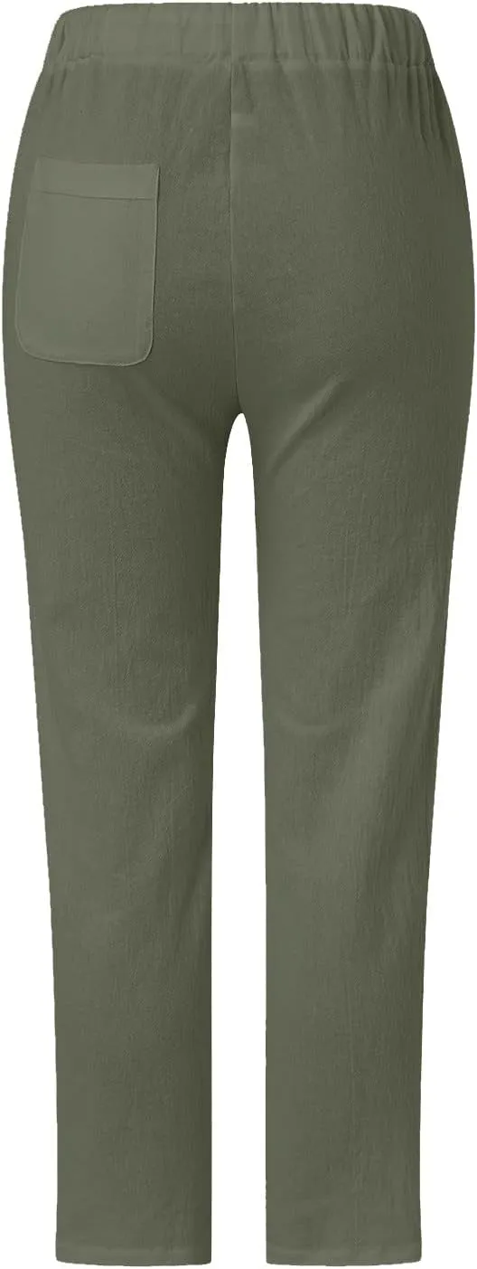 Cotton Linen Pants Women Summer Lightweight Drawstring Straight Leg Pants Casual Hollow Out Beach Trousers with Pocket