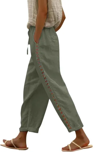 Cotton Linen Pants Women Summer Lightweight Drawstring Straight Leg Pants Casual Hollow Out Beach Trousers with Pocket