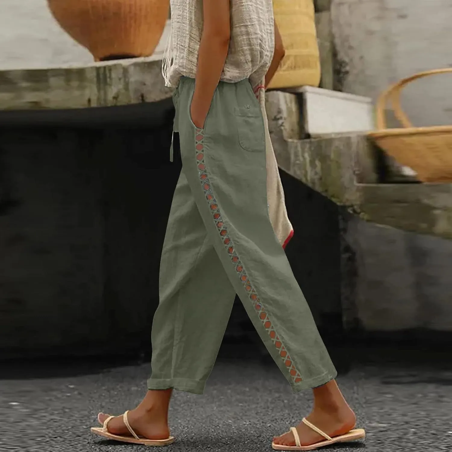 Cotton Linen Pants Women Summer Lightweight Drawstring Straight Leg Pants Casual Hollow Out Beach Trousers with Pocket