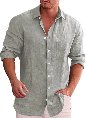 Cotton Linen Shirt Mens Vintage 1950s Long Sleeve Cuban Guayabera Shirt Thin Quick Dry Summer Beach Hippie Blouses