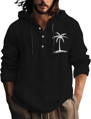 Cotton Linen Shirts for Men Trendy Tropical Beach Palm Print Cuban Guayabera Shirt Retro Long Sleeve Summer Tops