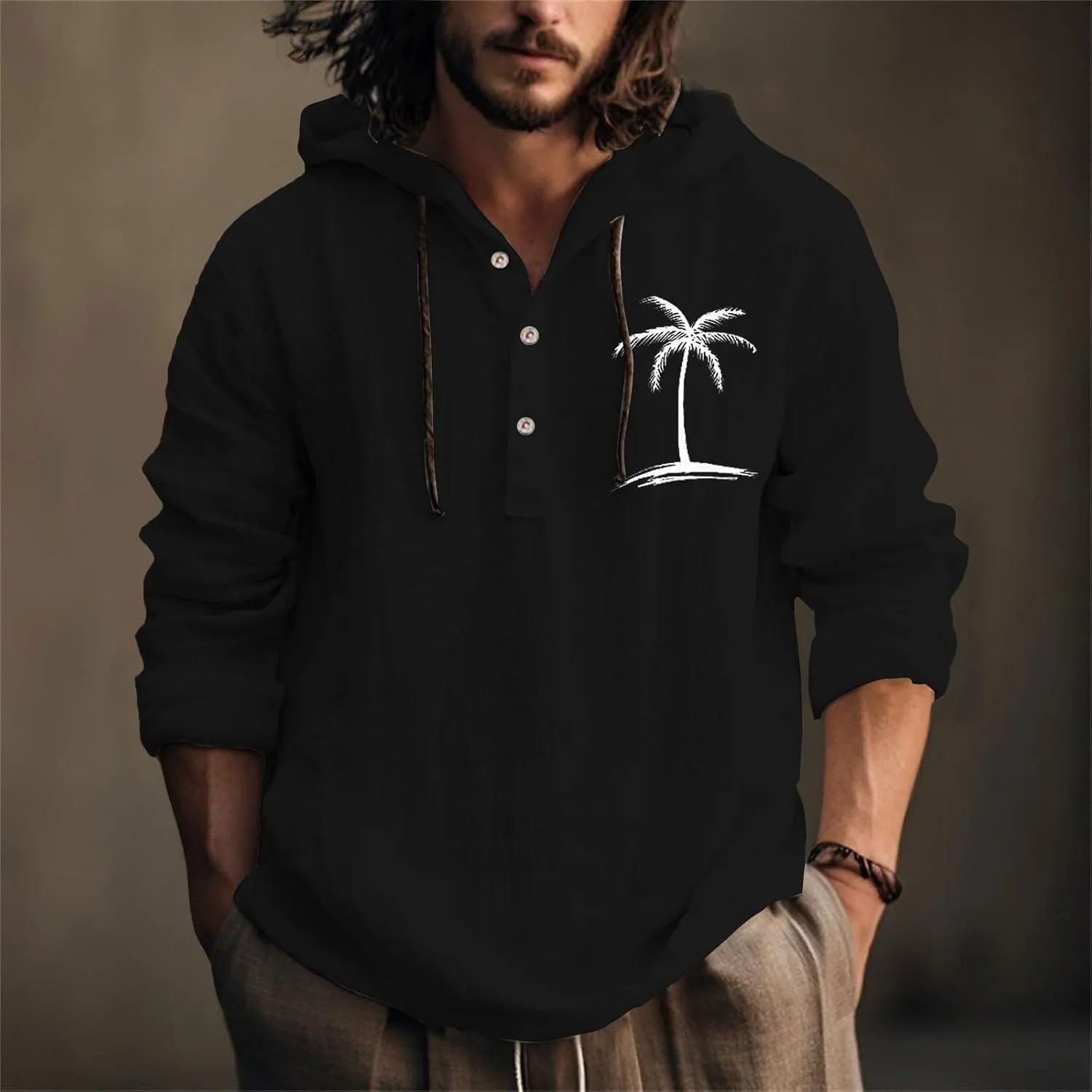 Cotton Linen Shirts for Men Trendy Tropical Beach Palm Print Cuban Guayabera Shirt Retro Long Sleeve Summer Tops