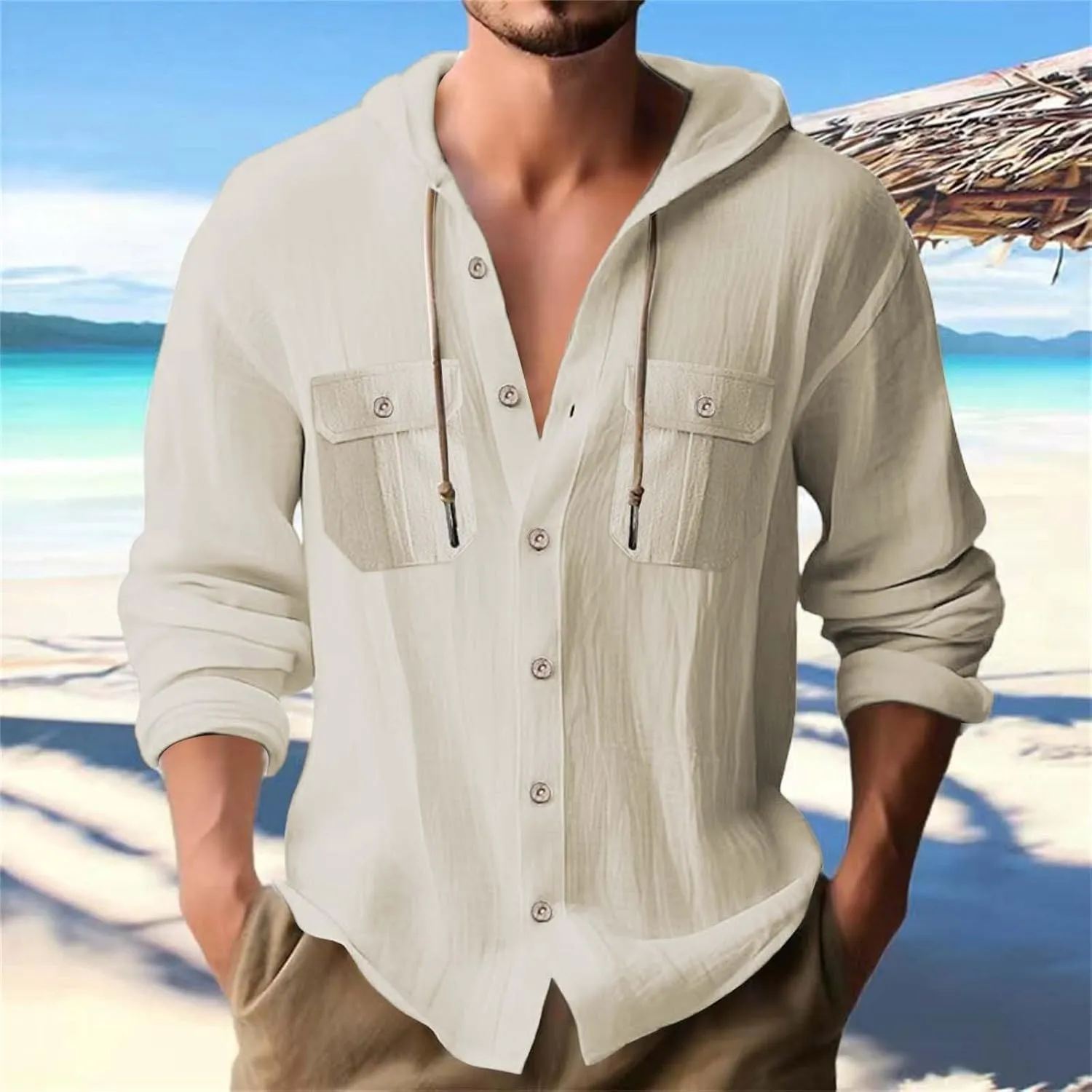 Cotton Linen Shirts for Mens Stylish Summer Beach Hippie Hoodies Lightweight UPF 50  Fishing Shirt Hooded Sweatshirts
