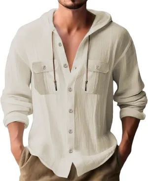 Cotton Linen Shirts for Mens Stylish Summer Beach Hippie Hoodies Lightweight UPF 50  Fishing Shirt Hooded Sweatshirts