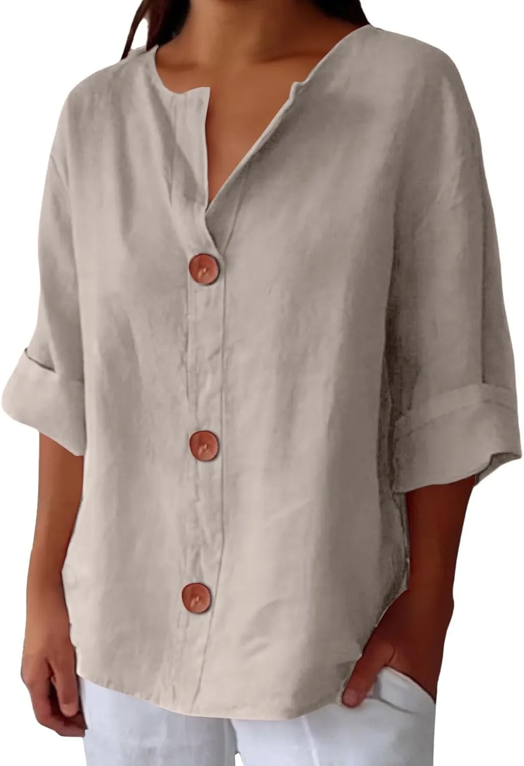 Cotton Linen Shirts for Women 3/4 Roll Up Sleeve Summer Casual Loose V Neck Button Down Blouses Gauze Tunic Tops