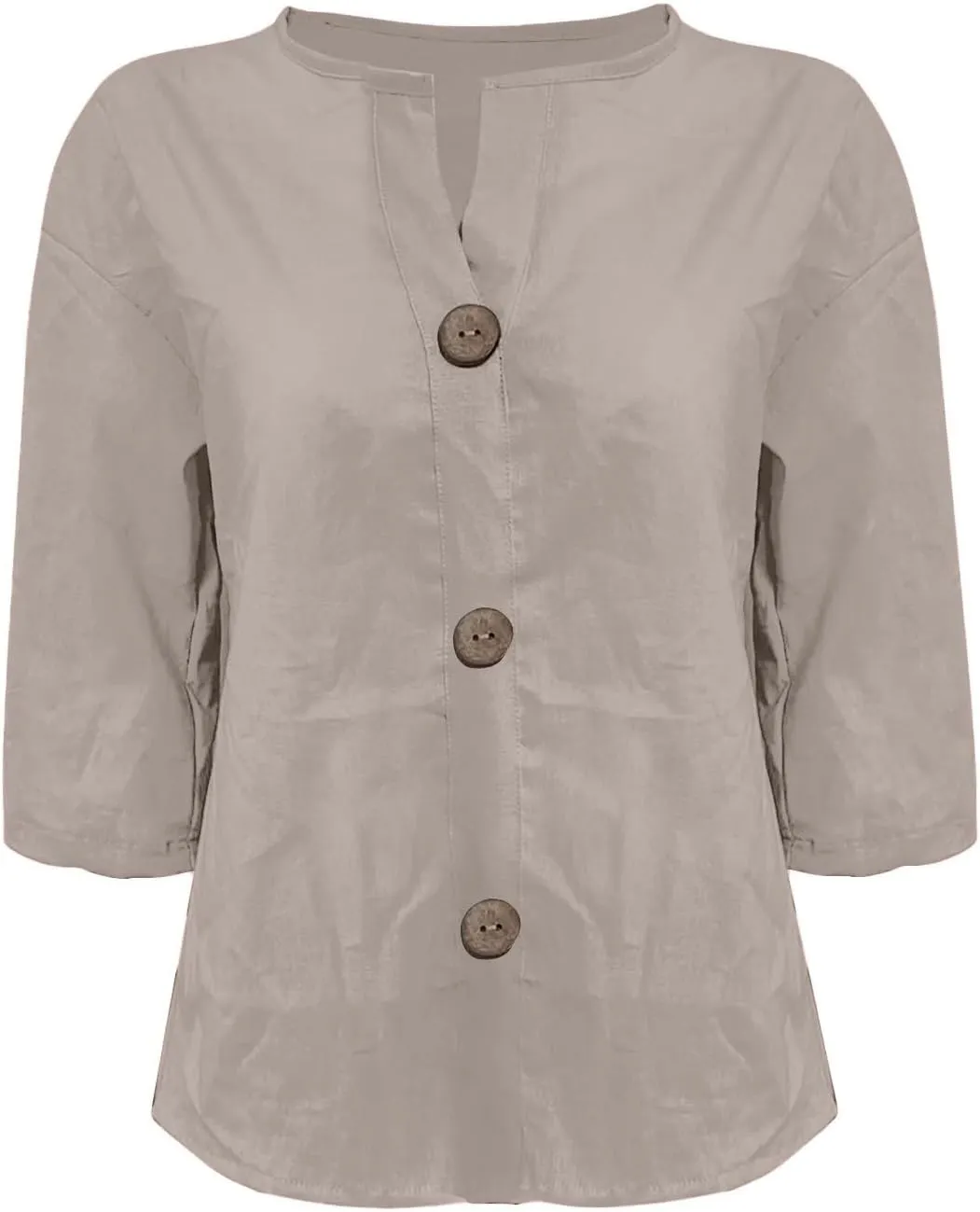 Cotton Linen Shirts for Women 3/4 Roll Up Sleeve Summer Casual Loose V Neck Button Down Blouses Gauze Tunic Tops