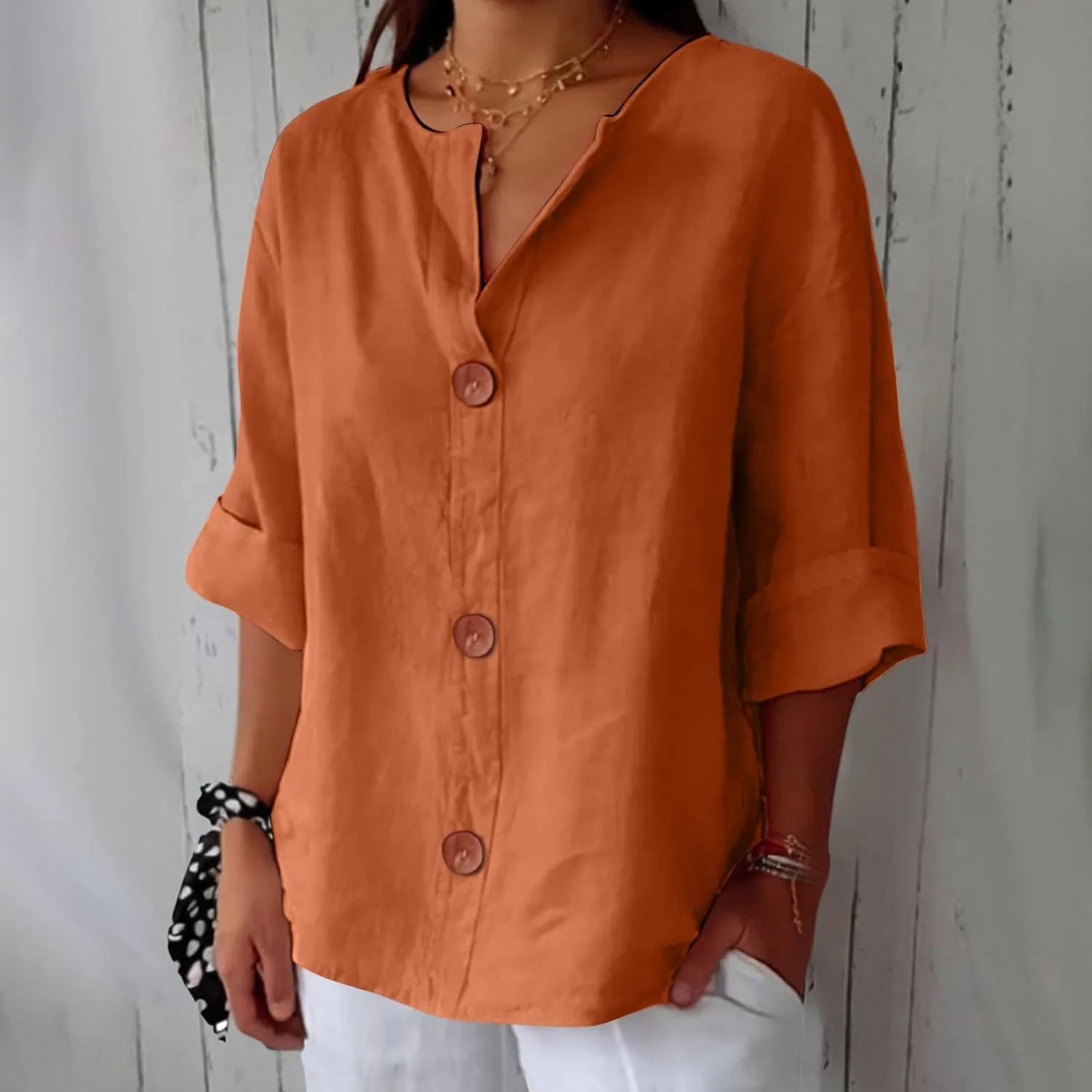 Cotton Linen Shirts for Women 3/4 Roll Up Sleeve Summer Casual Loose V Neck Button Down Blouses Gauze Tunic Tops