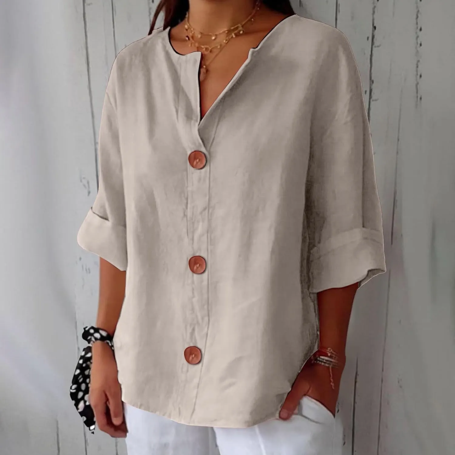 Cotton Linen Shirts for Women 3/4 Roll Up Sleeve Summer Casual Loose V Neck Button Down Blouses Gauze Tunic Tops