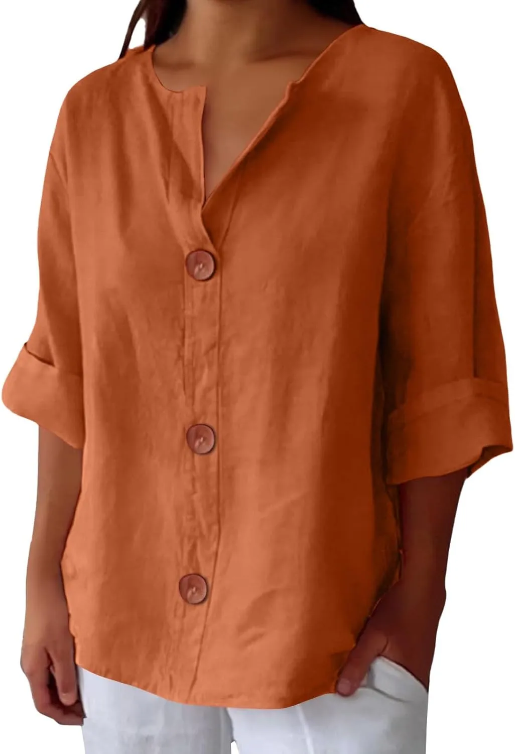 Cotton Linen Shirts for Women 3/4 Roll Up Sleeve Summer Casual Loose V Neck Button Down Blouses Gauze Tunic Tops