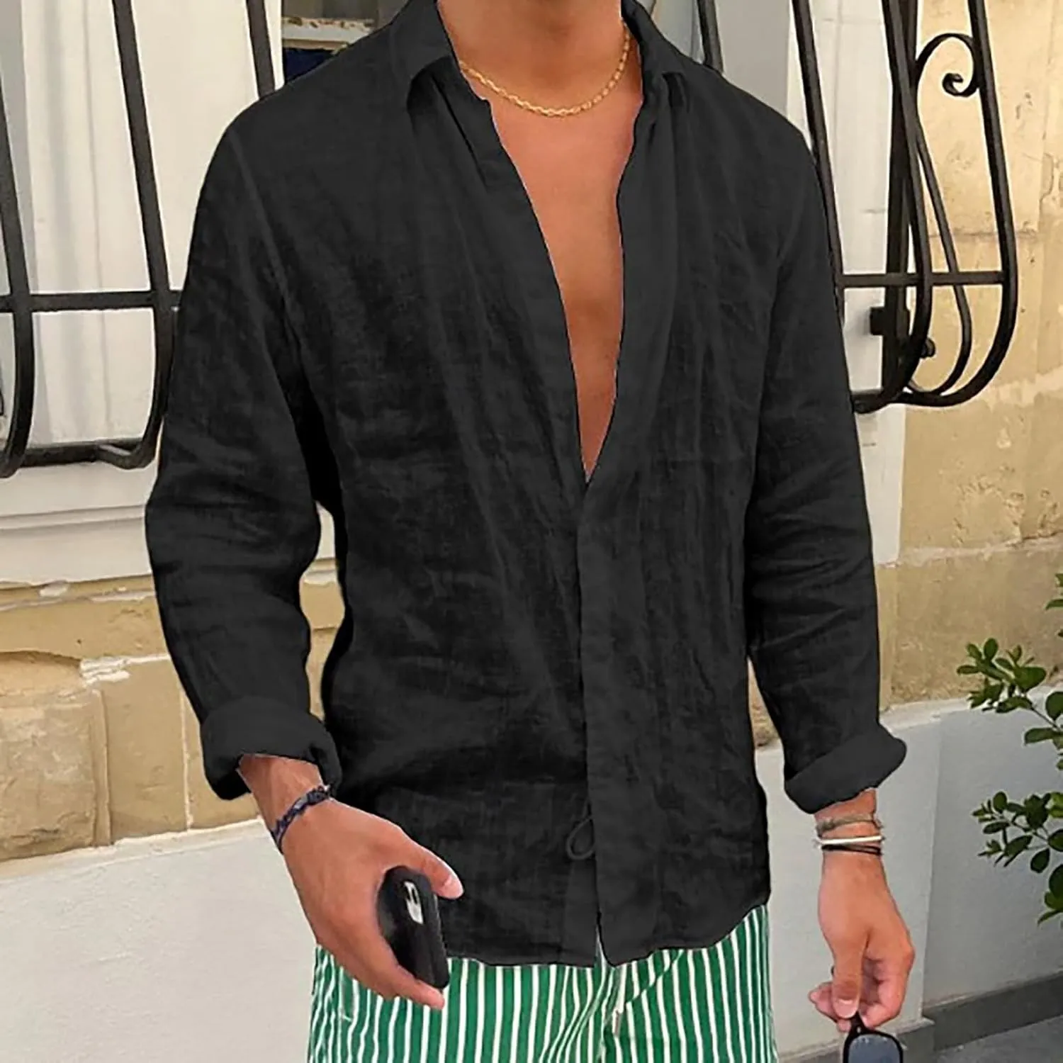 Cotton Linen Shirts Mens Casual Loose Solid Beach Swim Cardigan Vintage Washed Wrinkled Breathable Long Sleeve Shirt