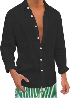 Cotton Linen Shirts Mens Casual Loose Solid Beach Swim Cardigan Vintage Washed Wrinkled Breathable Long Sleeve Shirt